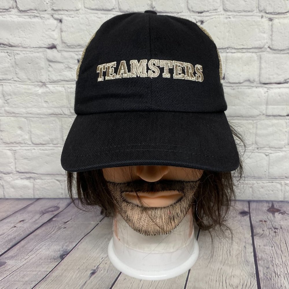 Vintage Hat Cap Strap Back Black Brown Mesh Teamsters 362 Embroidered Logo Union